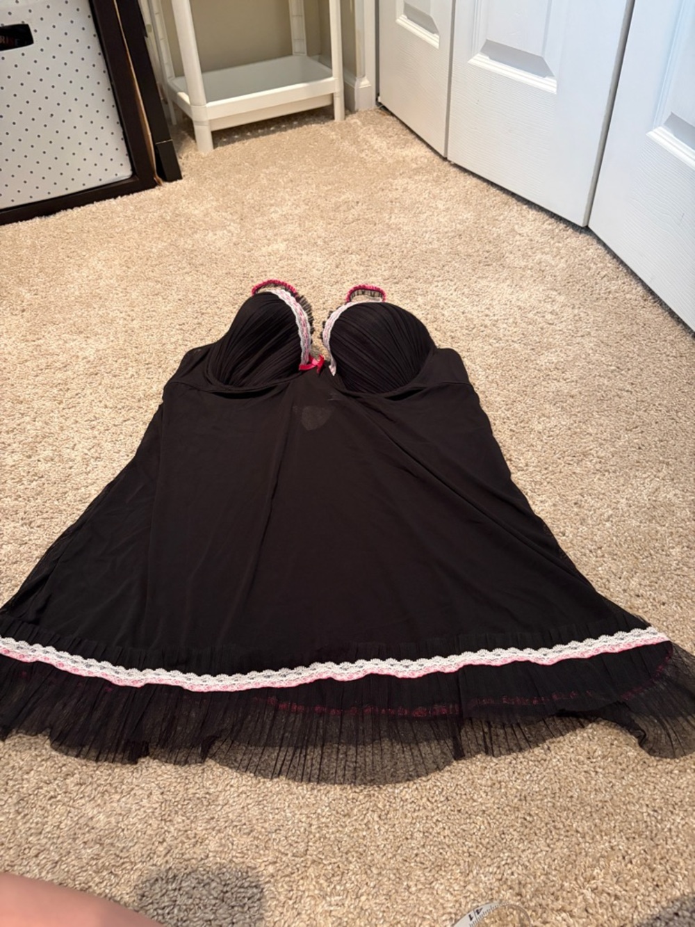 Black Lace-Trim Babydoll Lingerie with Pink Accents
